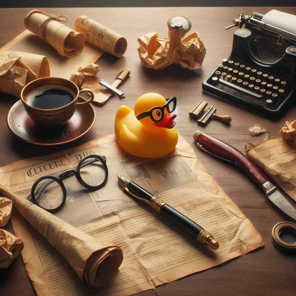 Ilustración de un pato antropomórfico con gafas, sombrero de periodista, taza de café y pluma estilográfica, símbolo del blog crítico y sarcástico "El Pato Opina".